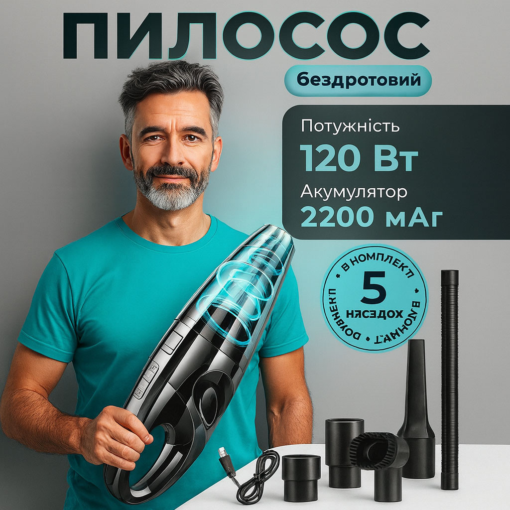 Потужний бездротовий пилосос автомобільний для сухого та вологого прибирання в машині та будинку +5 насадок AW-24