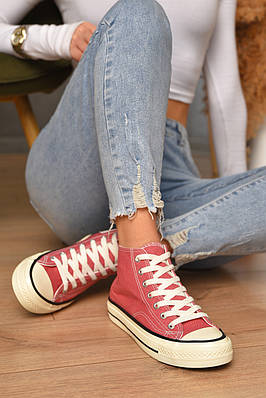 Кеди жіночі високі темно-рожевого кольору на шнурівці текстиль Уцінка р.38 206477T Безкоштовна доставка