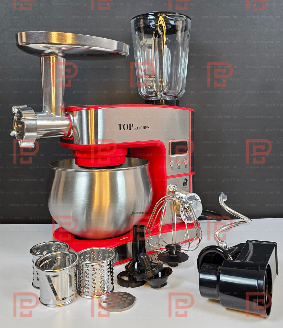 Червоний кухонний комбайн Top Kitchen 10в1 4500Вт 6л з насадками для шинкування, LCD-дисплеєм і гарантією виробника, фото 1