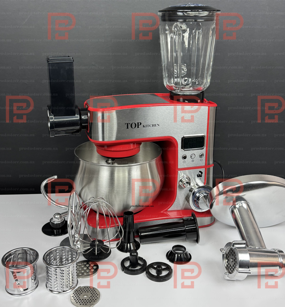 Багатофункціональний кухонний комбайн Top Kitchen 10в1 Червоний 4500Вт 6л з дисплеєм, шинкуванням і гарантією якості, фото 1