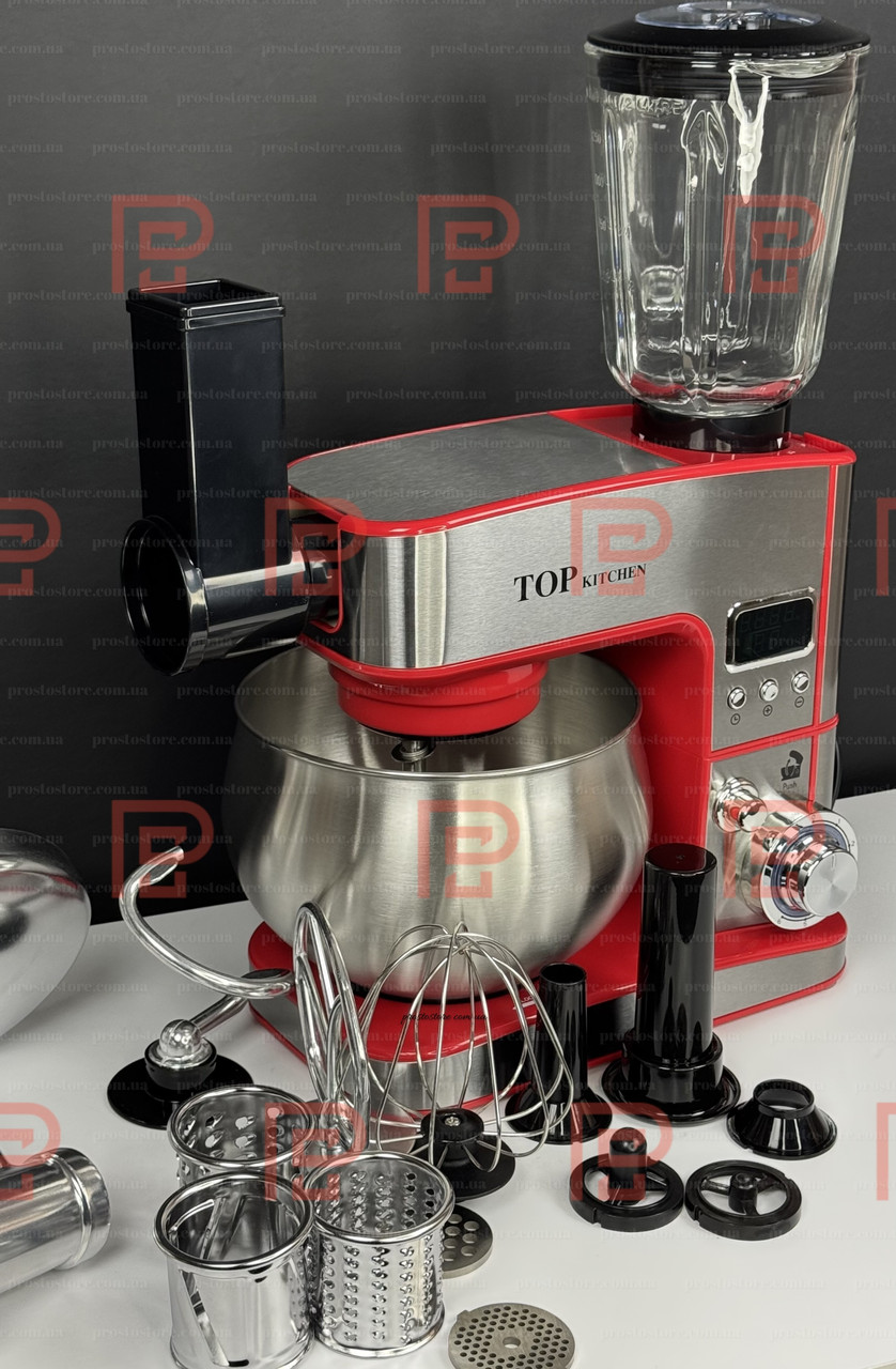 Кухонний комбайн Top Kitchen 10в1 4500Вт 6л Червоний з дисплеєм, насадками для шинкування та гарантією 24 місяці, фото 1