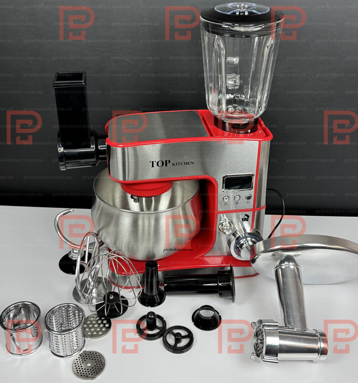 Top Kitchen 10в1 кухонний комбайн Червоний 4500Вт 6л з LCD-дисплеєм, насадками для шинкування та офіційною гарантією, фото 1