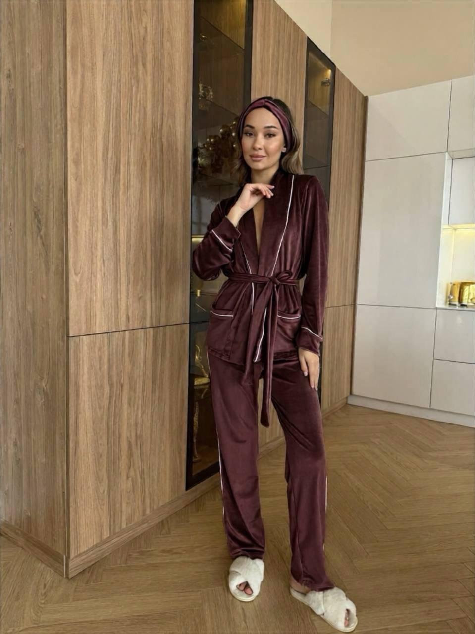 Жіночий велюровий костюм піжама з пов'язкою на голову в комплекті, фото 1