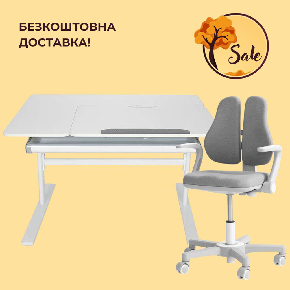 Комплект парта Fundesk Dolore Grey і крісло Fundesk Mente Grey з підлокітниками для школярів