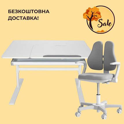 Комплект парта Fundesk Dolore Grey і крісло Fundesk Mente Grey з підлокітниками для школярів, фото 1