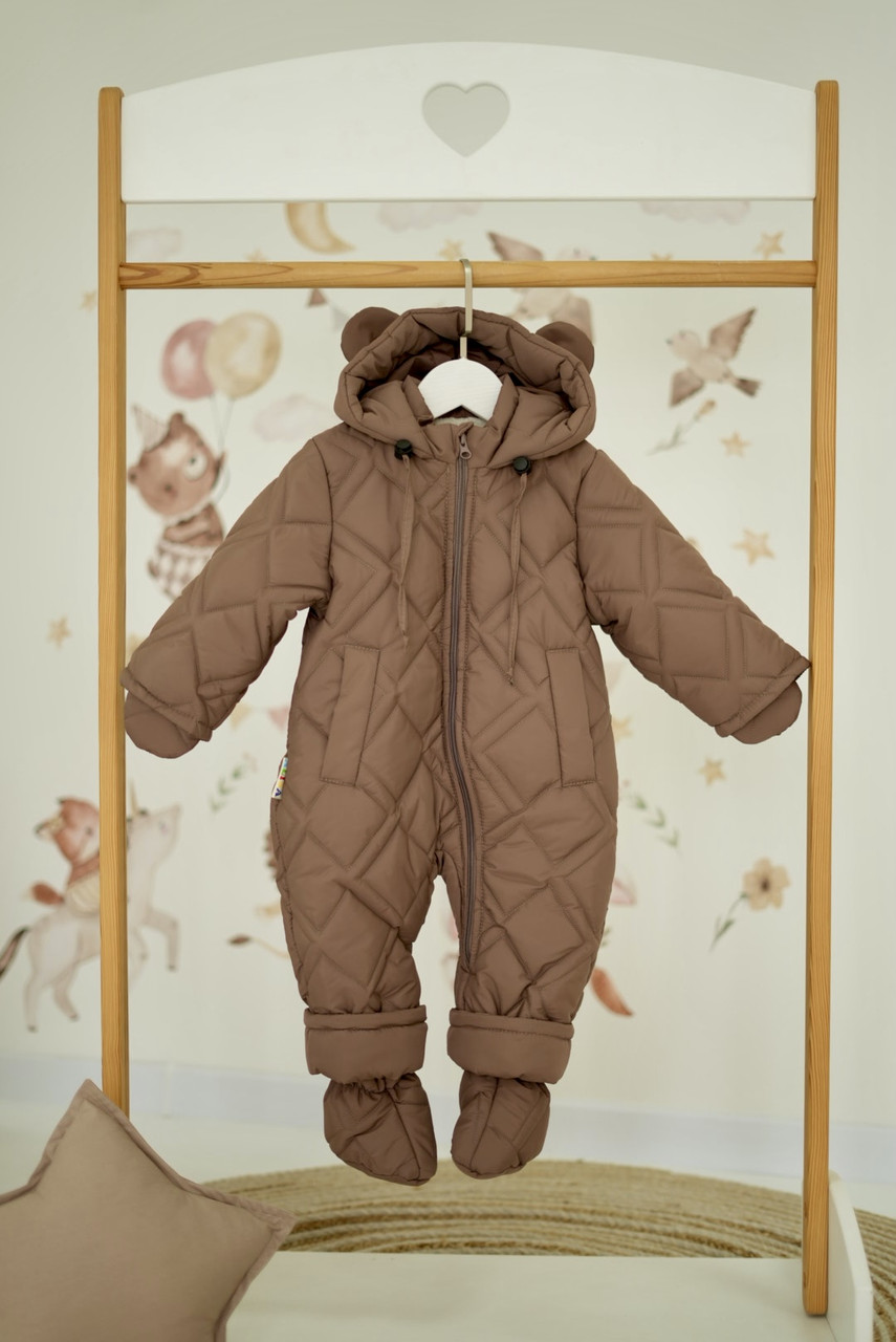 Зимовий дитячий теплий стьобаний комбінезон з пінетками та рукавичками для новонародженого розмір 68 74 80 86
