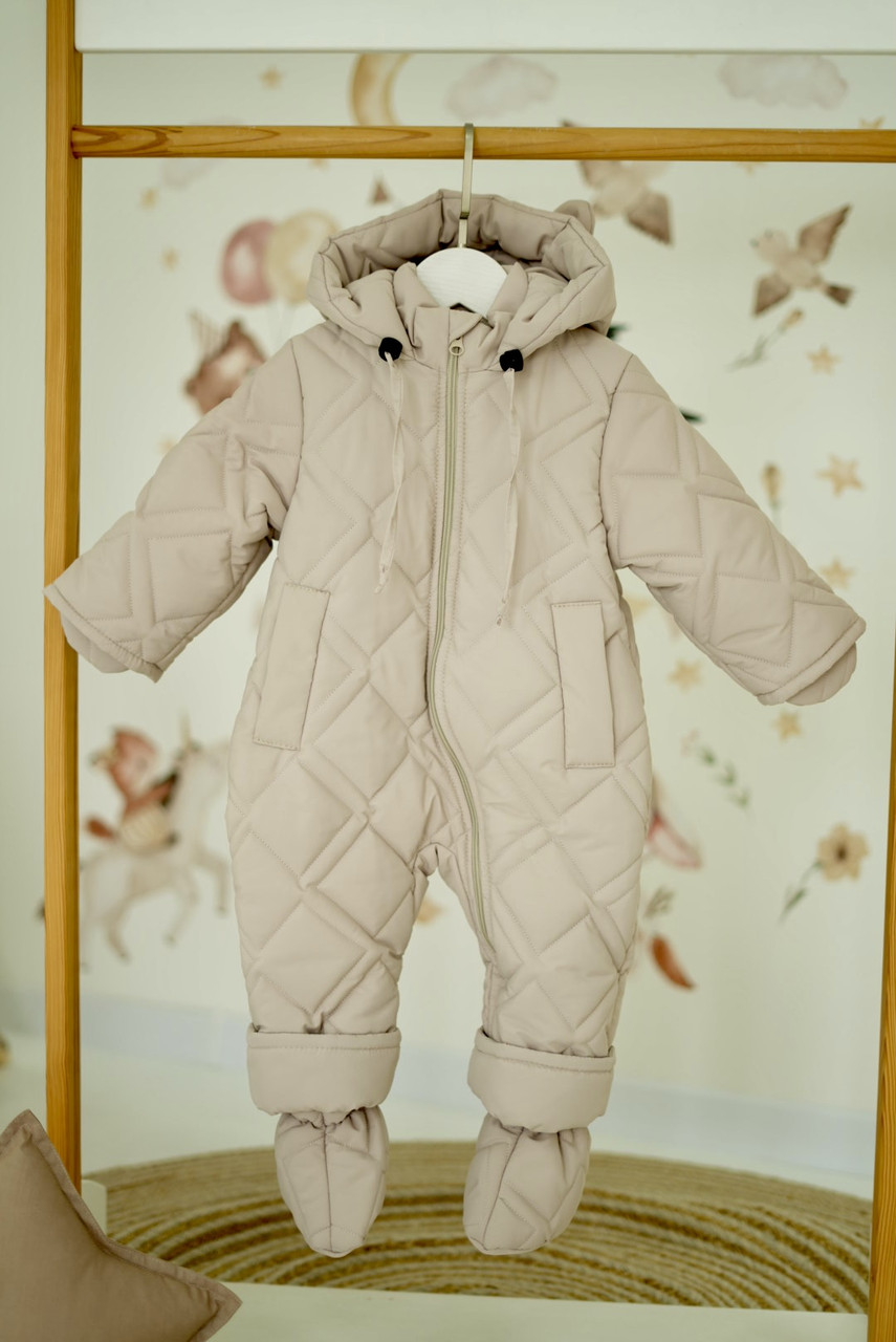 Зимовий дитячий теплий стьобаний комбінезон з пінетками та рукавичками для новонародженого розмір 68 74 80 86