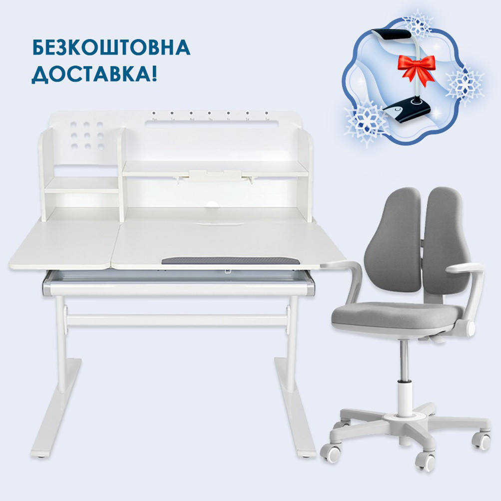 Комплект парта-трансформер з надбудовою Fundesk Dolore Grey Plus і крісло Fundesk Mente Grey з підлокітниками для школярів