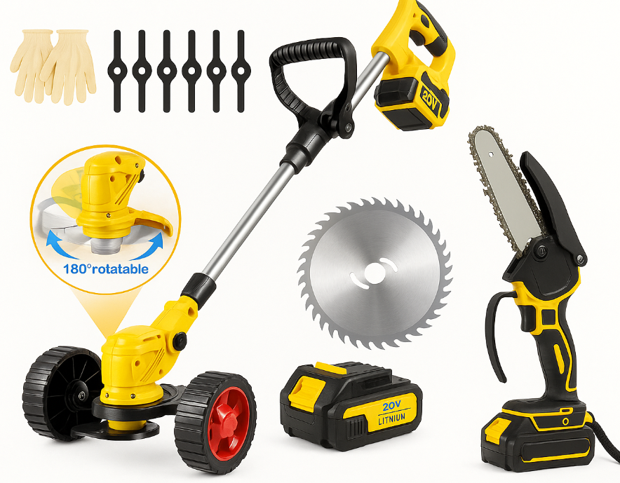 Акумуляторний садовий набір 2 в 1 48 V з двома АКБ, універсальний тример і мініпила для дачі, фото 1