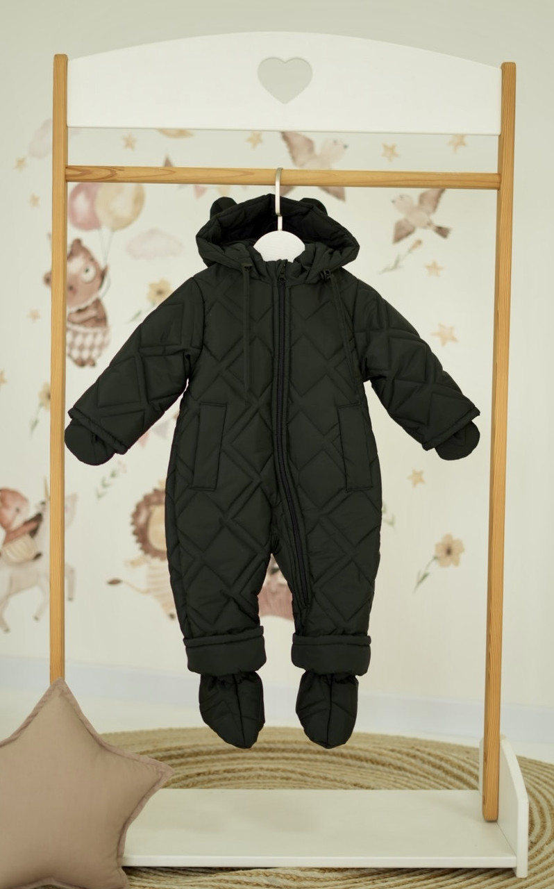 Зимовий дитячий теплий стьобаний комбінезон з пінетками та рукавичками для новонародженого розмір 68 74 80 86