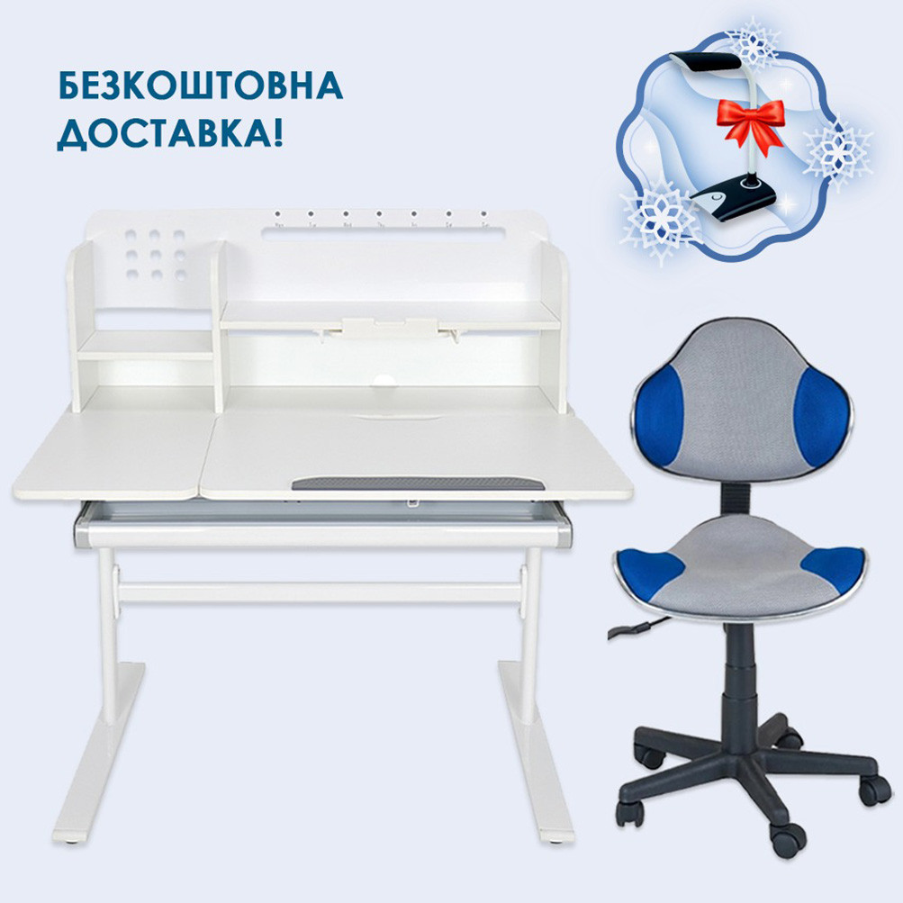 Комплект парта-трансформер із надбудовою Fundesk Dolore Grey Plus і крісло Fundesk LST3 Blue-Grey для школярів