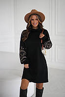 Тепле плаття жіноче з горловиною з вишивкою на рукавах двостороння ангора 42-44 46-48 50-52