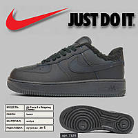 Зимові шкіряні чорні чоловічі кросівки Nike Air Force 1 Fur All Black найк аір форс на хутрі