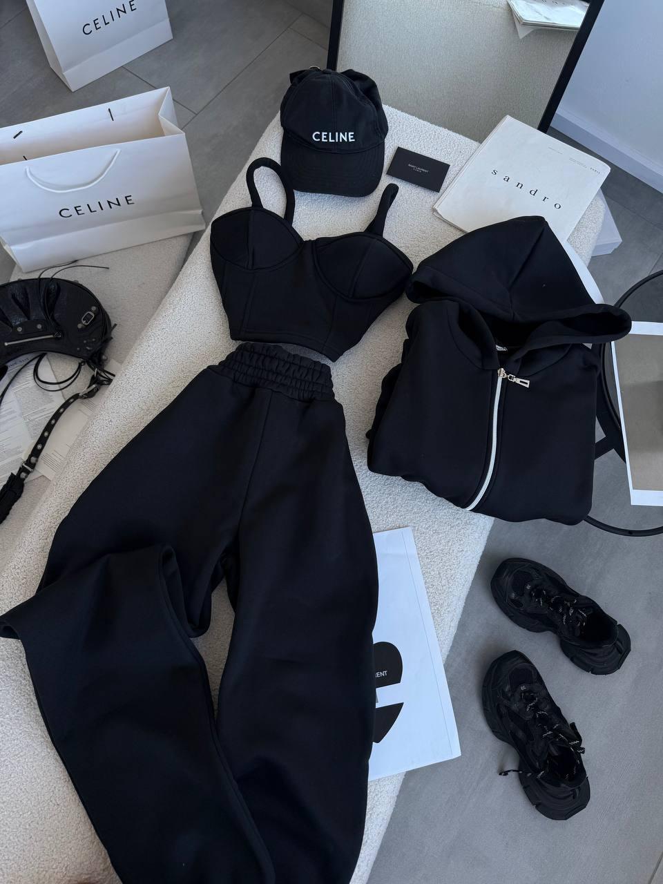 Жіночий базовий теплий осінній костюм прогулянковий трійка на флісі кофта худі топ штани манжет тринитка на флісі, фото 1