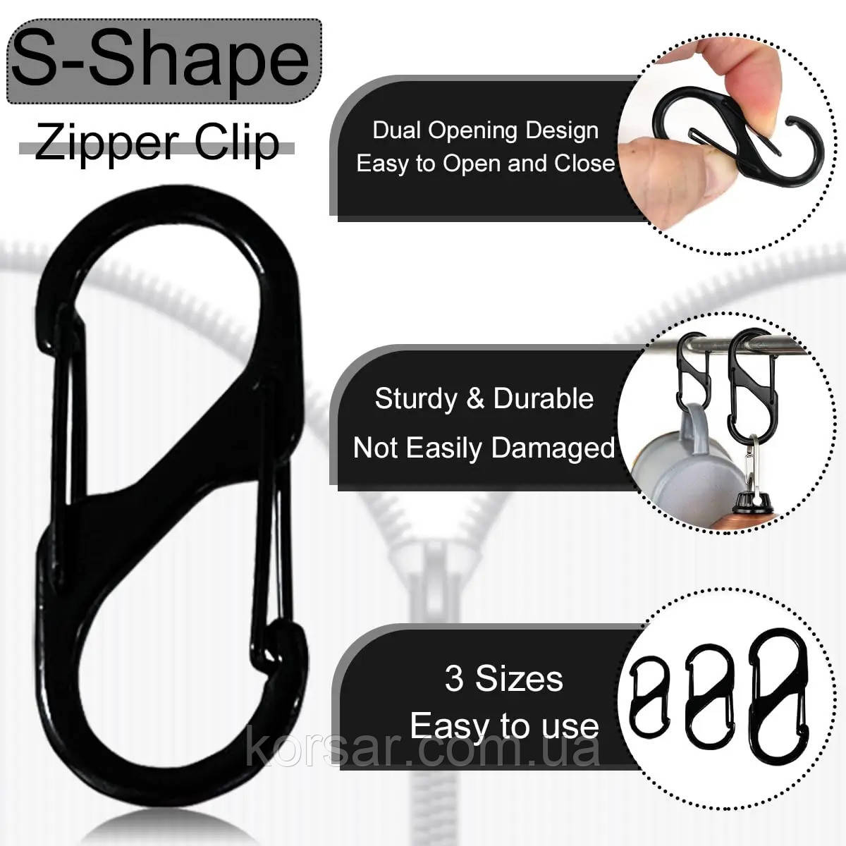 Карабін тактичний, цинк, 50 мм. S - Type. Паковання 10 шт. L Size. Black, фото 1