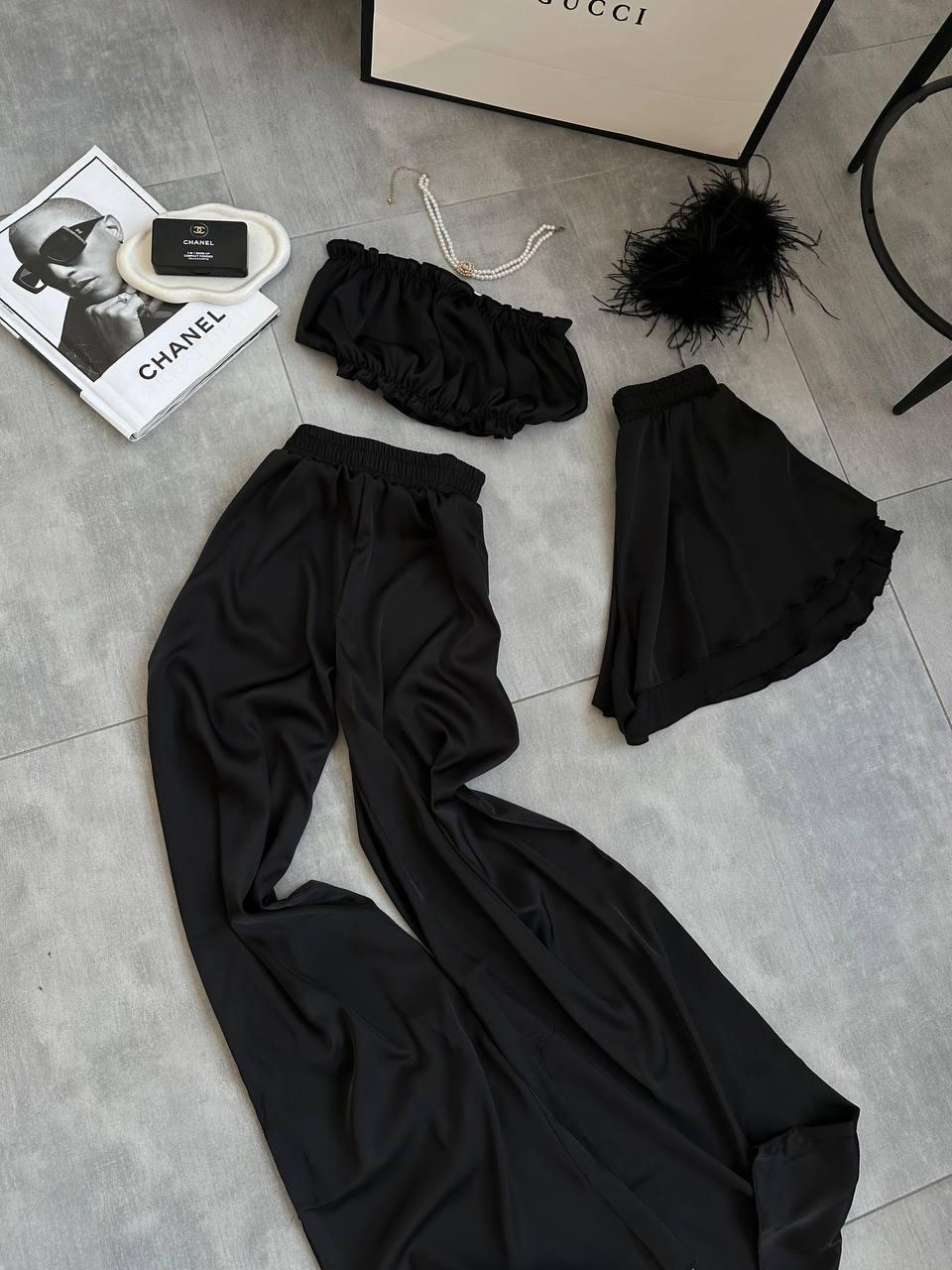 Натуральна жіноча стильна піжама трійка шорти топ штани домашній комплект шекл для сну на подарунок, фото 1