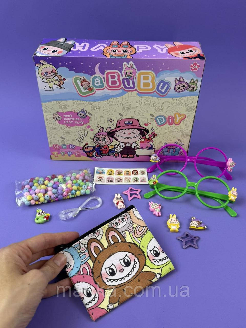 Набір прикрас з лабубою L 5341 блискітки, накладні нігті, наліпки, косметичка, фото 1