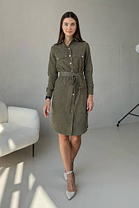 Сукня сорочка жіноча вельветова на кнопках хакі 3742-04
