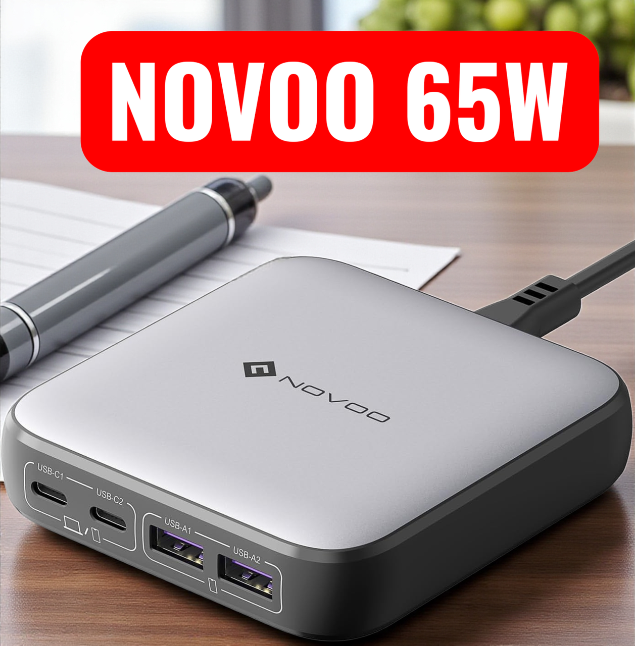 Зарядний пристрій NOVOO RG65, 65Вт 4 порти GaN акумулятор підтримка PD PPS тонка настільна зарядна станція, фото 1
