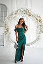 Вечірня довга зелена атласна сукня зі зпущенними рукавами, фото 4