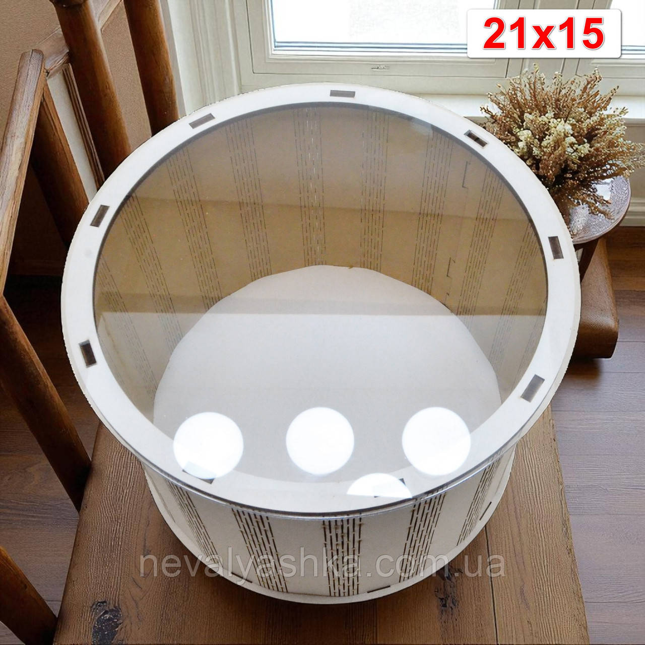 Біла Подарункова Коробка з Прозорой Кришкою Круглої Форми 21х15см Дерев'яна Коробочка для Подарунка Кругла Шляпна під Наповнення, фото 1