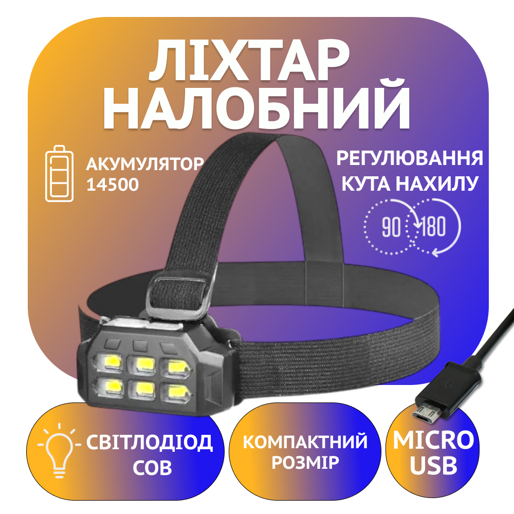 Налобний фонар SQ-816, 1x14500, ЗУ microUSB, фото 1