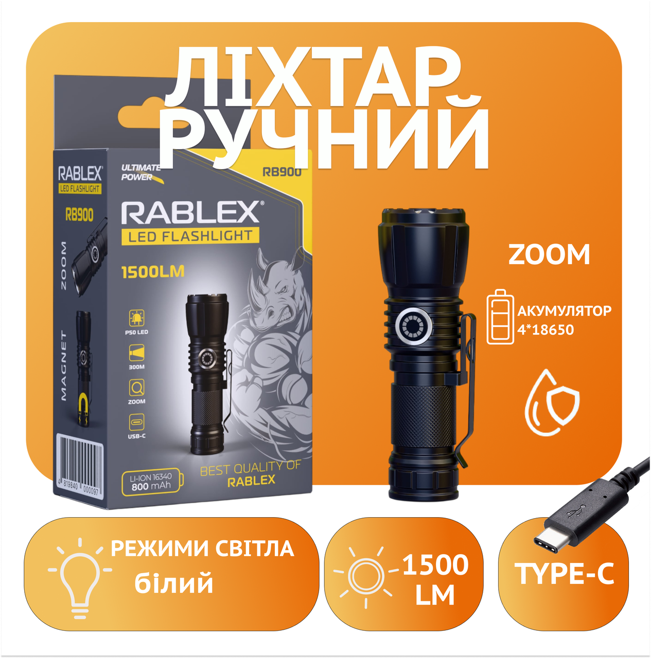Ручний ліхтар Rablex RB900, Zoom, ЗУ Type-C,, фото 1