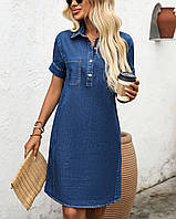 Женское джинсовое платье свободного кроя на короткий рукав с накладным карманом на груди размер L