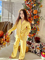 Дитяча тепла однотонна піжама на ґудзиках. Фланелева піжама в трендовому лимонному кольорі для дівчинки.