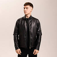 Молодіжний чорний чоловічий бомбер з еко шкіри на блискавці зручна шкіряна куртка демісезонна для хлопців