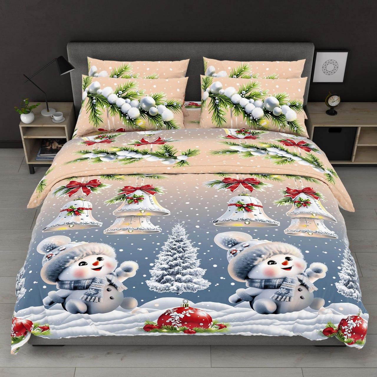 Підковдра на блискавці 145х215 (Бязь) | Полуторна підковдра від виробника "Королева Ночі" | Сніговики з дзвонами та ялинками, фото 1