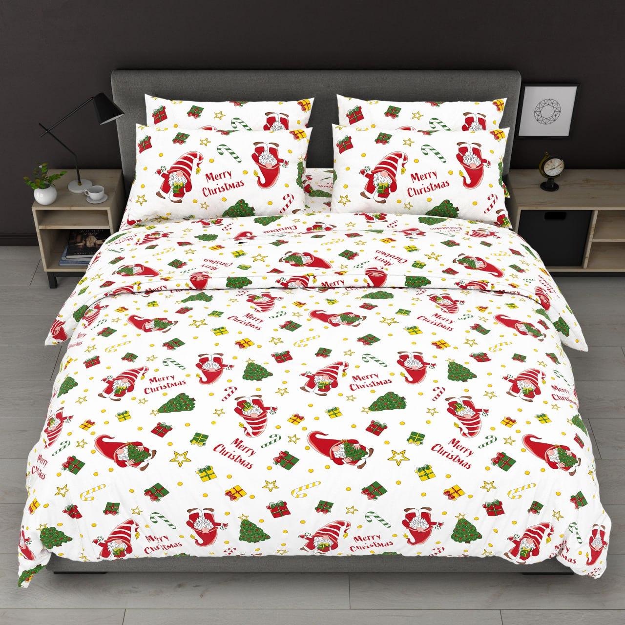 Простирадло 150х220 (Бязь) | Полуторне простирадло від виробника "Королева Ночі" | Різдвяні гноми та ялинки на білому, фото 1