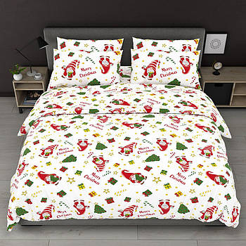 Постільна білизна Королева Ночі (Бязь) | Полуторний комплект | 50х70 | Різдвяні гноми та ялинки на білому