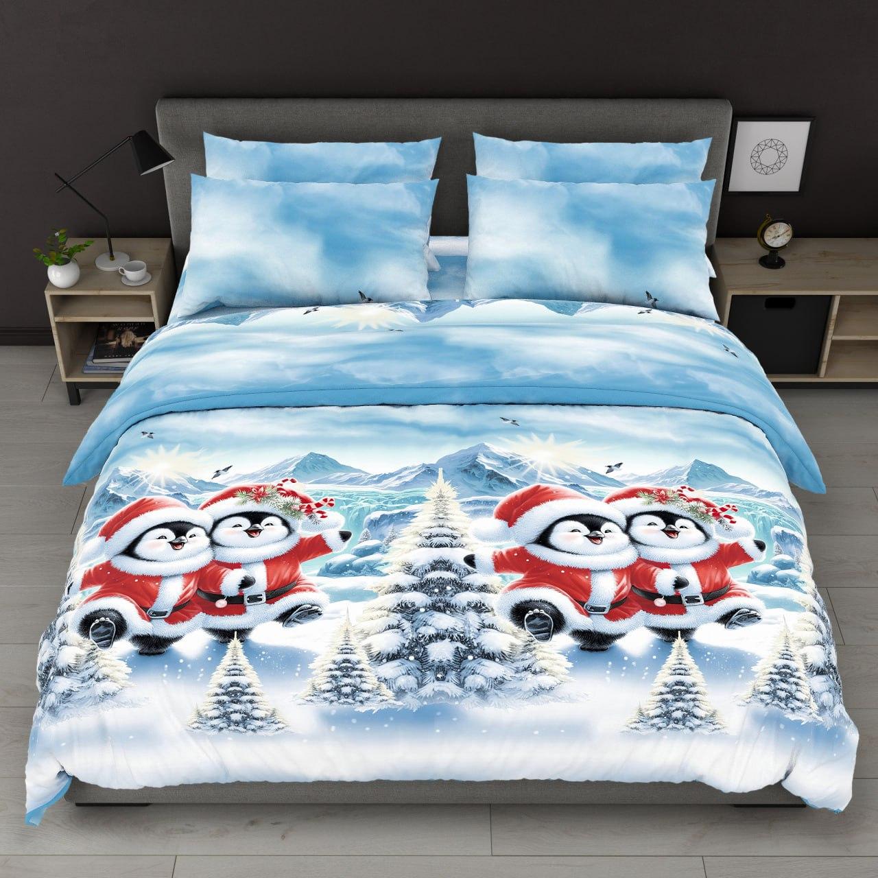 Наволочка на блискавці 70х70 (Бязь) | Від виробника "Королева Ночі" | Новорічні пінгвіни на блакитному, фото 1