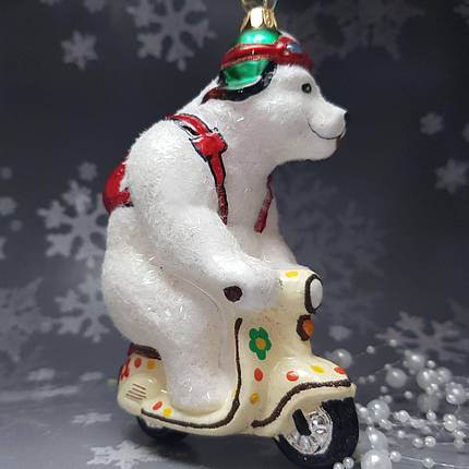 Скляна ялинкова прикраса Білий ведмідь на скутері Impuls. асортимент як Irena, Komozja, фото 1