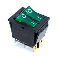 Подвійний клавішний перемикач KCD8-212N 6 контактів з підсвіткою 15 A 250 V Зелений