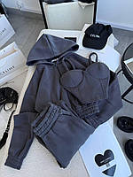 Жіночий стильний костюм-трійка худі топ штани двонитка графіт чорний меланж розмір 42-44 46-48