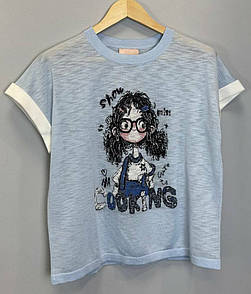 Жіноча футболка блакитна з принтом Дівчинка з льону MKLT1248-2