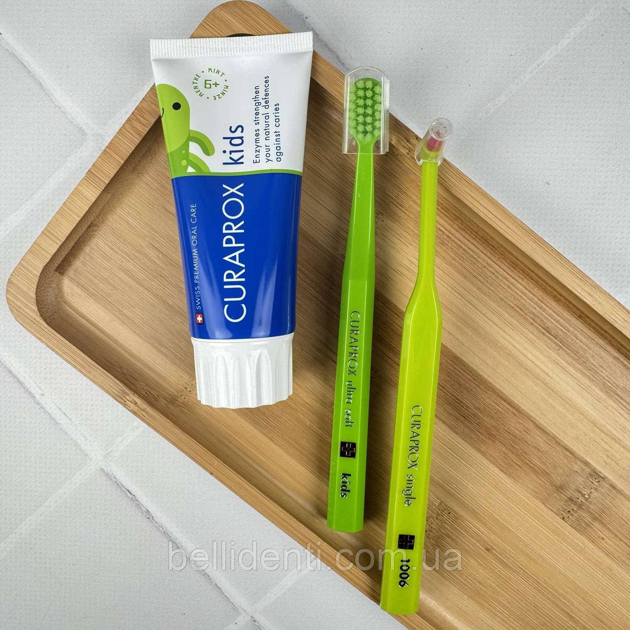 Набір Curaprox Kids 1006 від 6 років (зубна паста 60 мл м'ята+щітка+монопучкова зубна щітка), салатовий, фото 1
