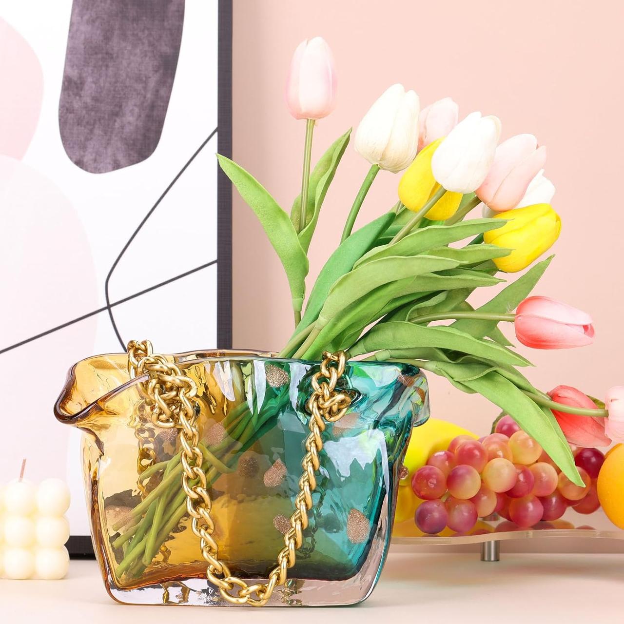 Скляна ваза Luxora Bag у формі сумки з ручкою-ланцюжком для квітів і декору, 22×9×14 см, фото 1