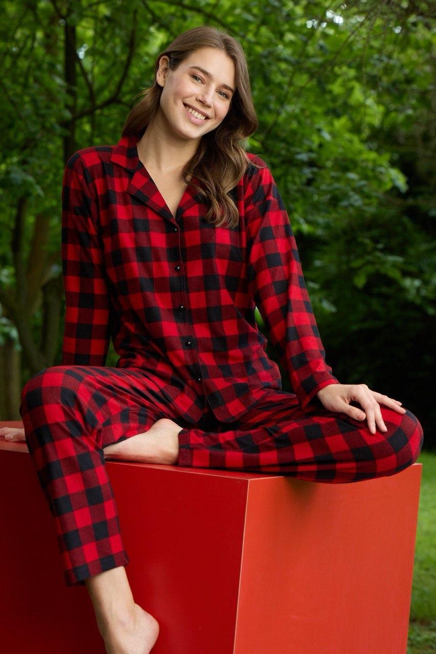 Жіноча тепла піжама з мікробайки в клітину червоно-чорна L, фото 1