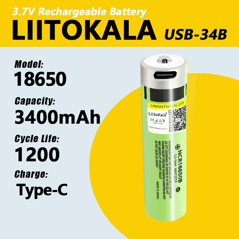 Акумулятор 18650, LiitoKala USB-34B, 3400mah, з вбудованим USB портом для заряджання, захист, ОРИГІНАЛ, фото 1