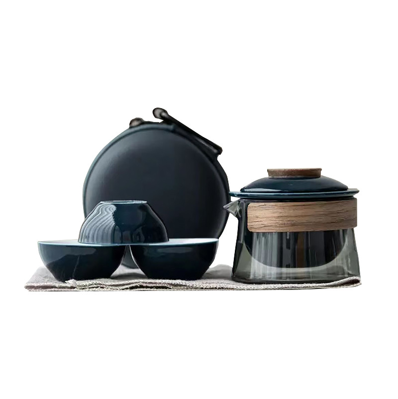 Дорожній чайний набір HR-068 заварник 240 ml скляний + 3 піали з чохлом Blue, фото 1