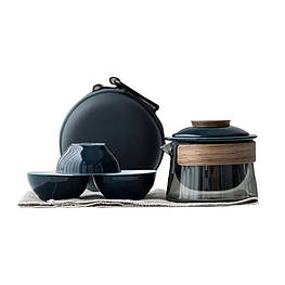 Дорожній чайний набір HR-068 заварник 240 ml скляний + 3 піали з чохлом Blue