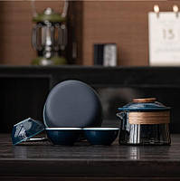 Дорожній чайний набір HR-068 заварник 240 ml скляний + 3 піали з чохлом Blue, фото 2