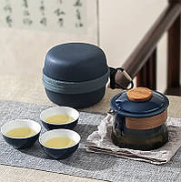 Дорожній чайний набір HR-068 заварник 240 ml скляний + 3 піали з чохлом Blue, фото 4