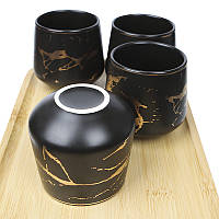 Чайний сервіз Мармурова розкіш чайник 4 чашки з дерев'яною підставкою набір для чаювання Black, фото 2