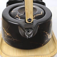 Чайний сервіз Мармурова розкіш чайник 4 чашки з дерев'яною підставкою набір для чаювання Black, фото 3