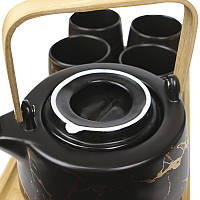 Чайний сервіз Мармурова розкіш чайник 4 чашки з дерев'яною підставкою набір для чаювання Black, фото 4