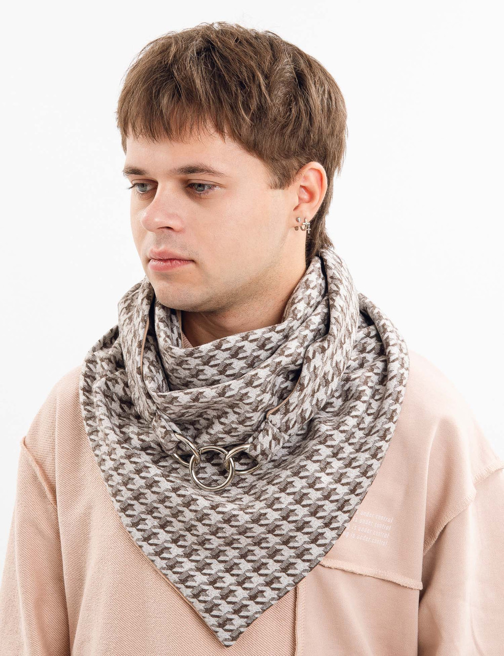 Чоловічий 2-сторонній вовняний шарф, коричневий, молочний, гусина лапка "Единбург", на кільцях, від My scarf снуд, бактус, фото 1